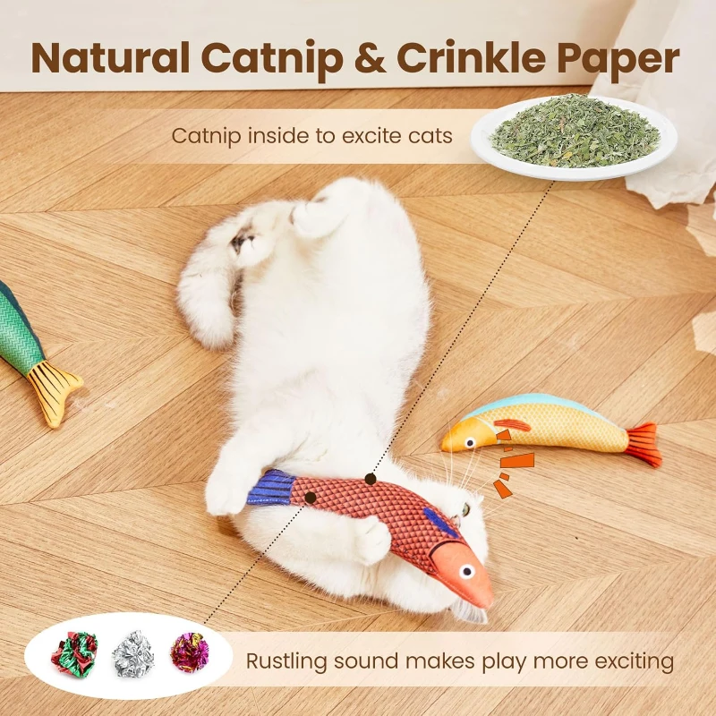 3-Pack Interactive Saury Fish Cat Toys with Catnip Crinkle Sound, Soft Plush Kicker for Indoor Exercise, 8.5" L x 2.5" W x 1.5" H, Multicolor