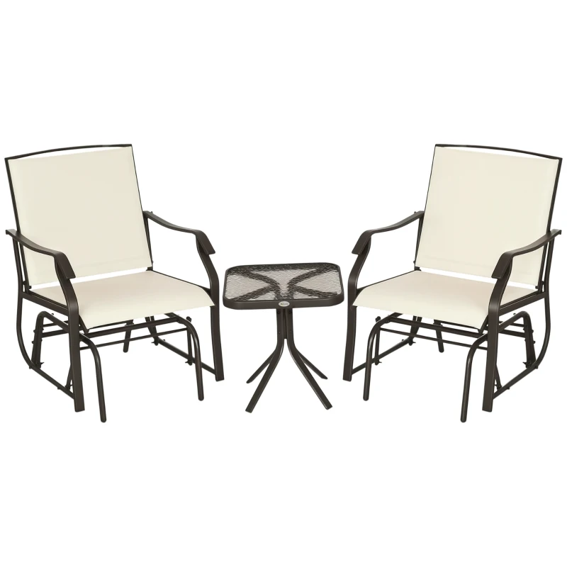 Outsunny 3 Piece Outdoor Glider Chair with Coffee Table Bistro Set, 2 Patio Rocking Swing Chairs with Breathable Sling Fabric, Glass Tabletop, for Backyard, Garden and Porch, Cream White