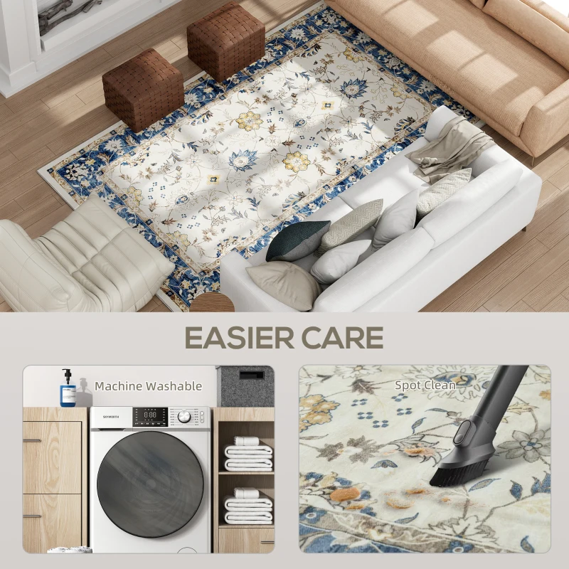 HOMCOM Machine Washable Area Rug 4x6, Non-Slip Boho Floral Print Floor Carpet for Living Room, Bedroom, Dining Room, Blue