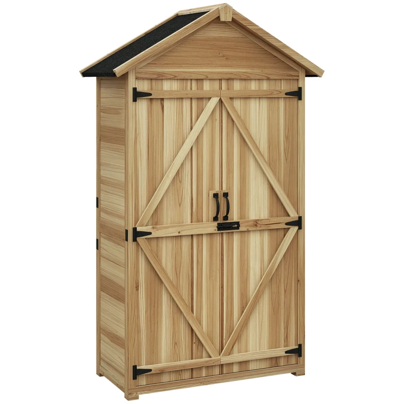 Outsunny Wooden Garden Shed Outdoor Storage Cabinet with Waterproof Asphalt Roof Lockable Doors Shelves for Backyard Natural