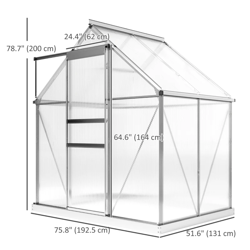 Outsunny 6' x 4' x 6.6' Walk-in Greenhouse, Polycarbonate Greenhouse with Adjustable Roof Vent, Base, Sliding Door, Clear