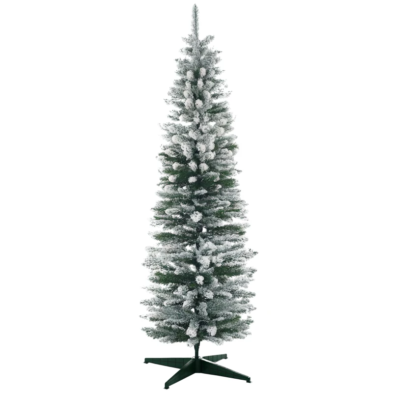 HOMCOM 6' Snow Flocked Artificial Pencil Christmas Tree, Slim Xmas Tree with Realistic Branches and Plastic Base Stand for Indoor Decoration, Green