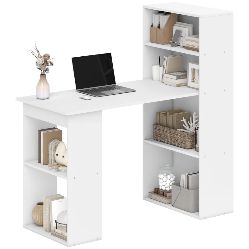 HOMCOM Computer Desk with 6-Tier Storage Shelves, Writing Desk Workstation with Bookshelf for Home Office, White
