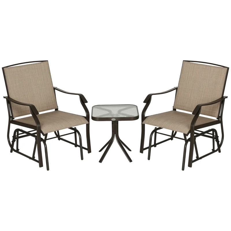 Outsunny 3 Piece Outdoor Glider Chair with Coffee Table Bistro Set, 2 Patio Rocking Swing Chairs with Breathable Sling Fabric, Glass Tabletop, for Backyard, Garden and Porch, Mixed Brown