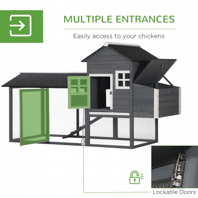 PawHut 84" Wooden Chicken Coop, Hen House Outdoor with Run Nesting Box, Asphalt Roof, Removable Tray, Ramp, Poultry Cage for 2-3 Chickens, Gray(m-5)