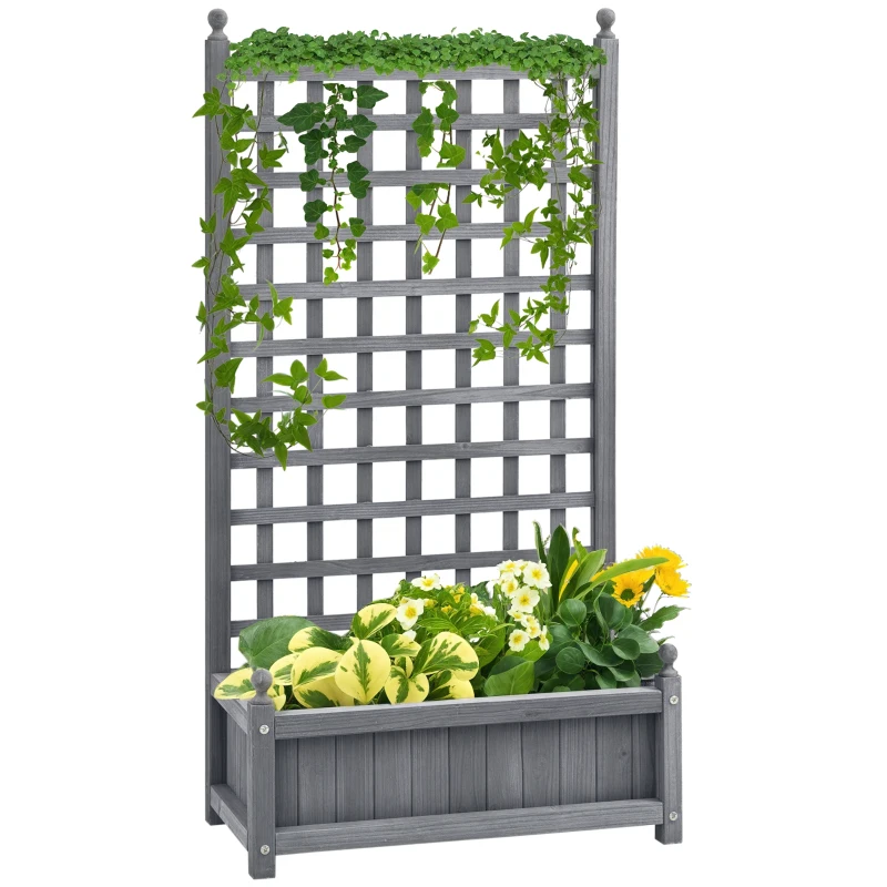 Outsunny Raised Garden Bed with Trellis for Climbing Vines, Wood Planter Box for Garden, Free Standing Flower Bed, Indoor Outdoor Display Rack, 25.2" x 11" x 47.2", Grey