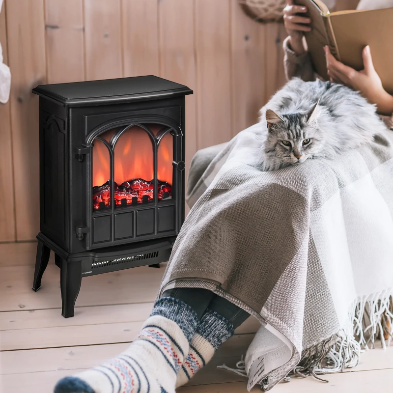 HOMCOM Electric Fireplace Stove, Freestanding Fireplace Heater, 750W/1500W, Black
