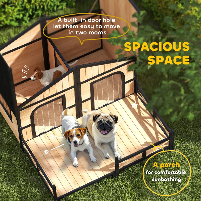 PawHut Dog House Outdoor, Wooden Dog Kennel Weatherproof with Porch, Openable Roof, Removable Bottom, Elevated Floor, Double Room for 2 Small to Medium Breeds, Natural(m-4)