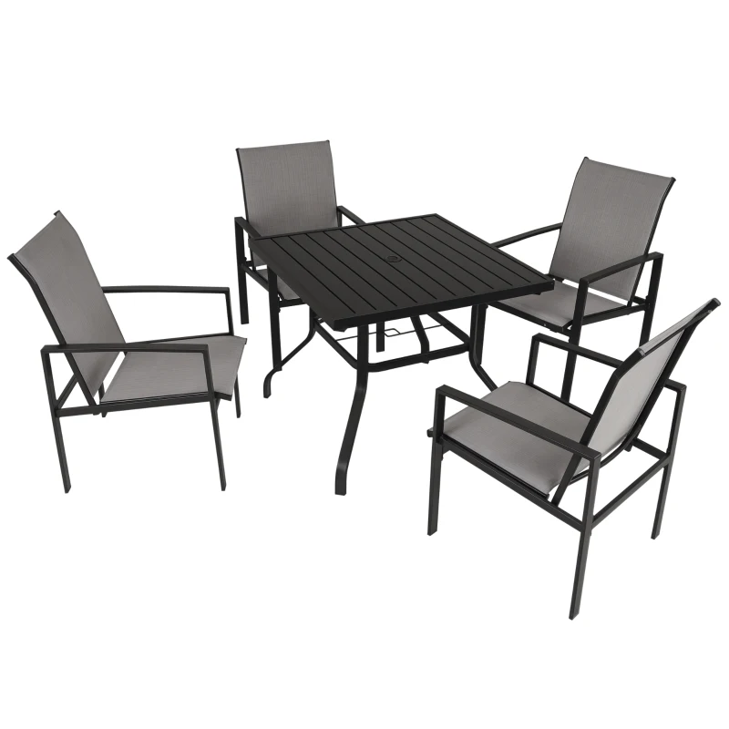 Outsunny 5pc Patio Garden Table Set Outdoor Furniture Dining Set w/ Metal Slat Finish and 1.75" Umbrella Hole for Backyard Porch, Grey
