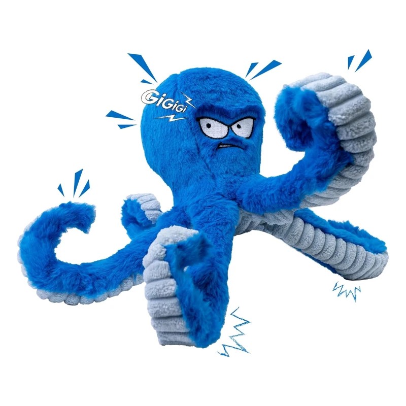 Tough Dog Toys with Crinkle Octopus Design, Interactive Squeaky Chew Toy for Aggressive Chewers, 11.5" L x 3" W x 8.5" H, Blue