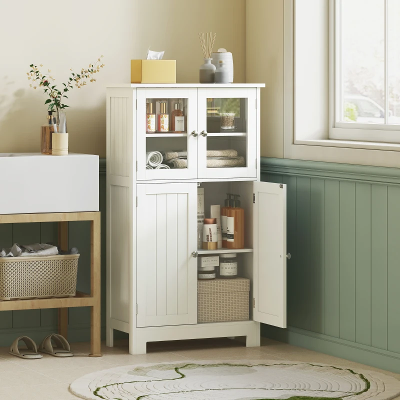 kleankin Bathroom Floor Storage Cabinet with Tempered Glass Doors and Adjustable Shelf, Kitchen Cupboard, Free Standing Organizer for Living Room Entryway, White