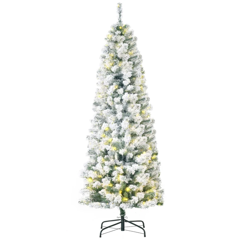 HOMCOM 6ft Pre-Lit Snow-Flocked Slim Douglas Fir Artificial Christmas Tree with Realistic Branches, 250 LED Lights and 462 Tips