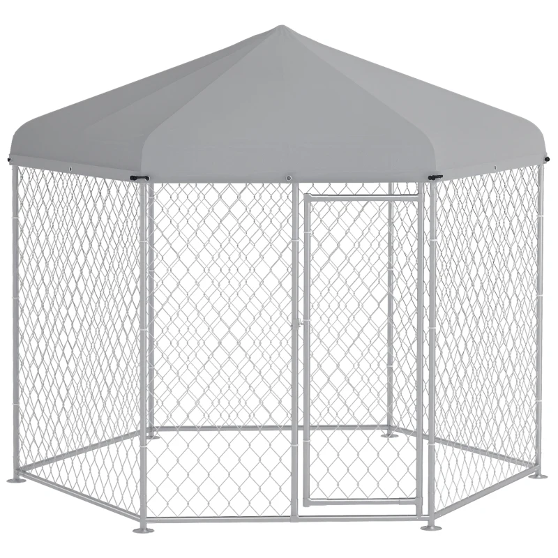 PawHut 9.2' x 8' x 7.7' Dog Kennel Outdoor for Medium and Large-Sized Dogs with Waterproof UV Resistant Roof, Silver