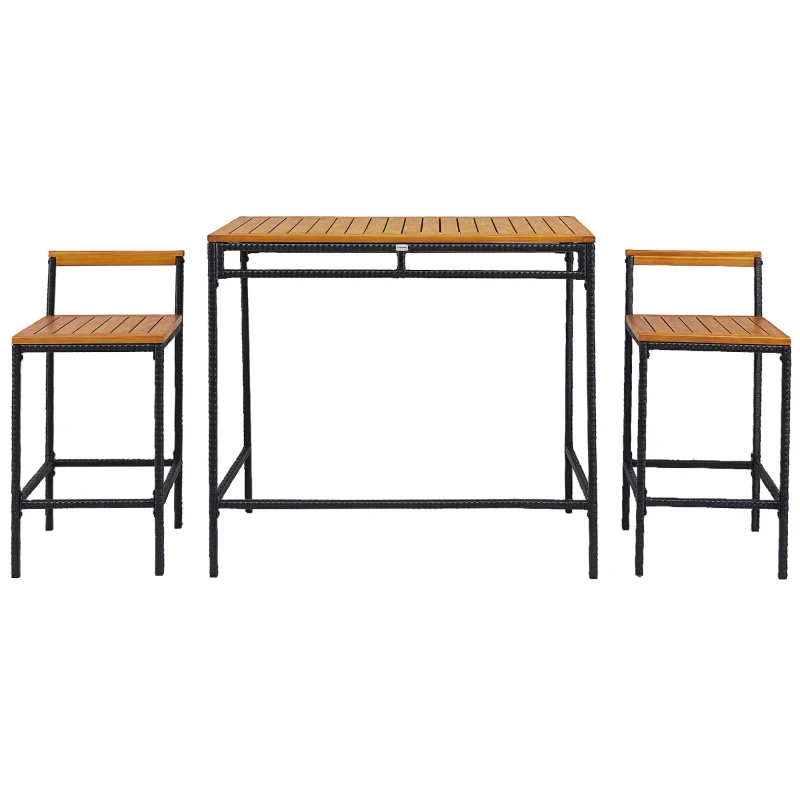Outsunny 3-Piece Wicker Bar Set, Patio Bar Table Chair w/ Acacia Wood Top, 43.3" x 23.6" x 39.4", Dark Brown
