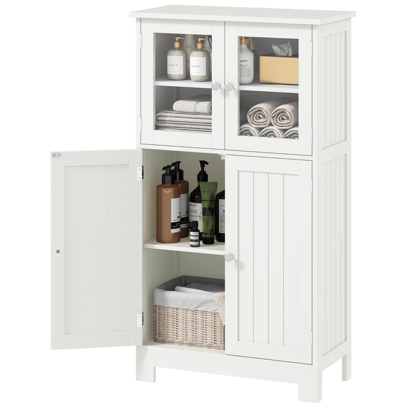 kleankin Bathroom Floor Storage Cabinet with Tempered Glass Doors and Adjustable Shelf, Kitchen Cupboard, Free Standing Organizer for Living Room Entryway, White