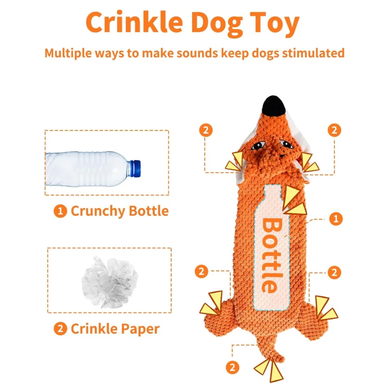 Squeaky Plush Dog Toy for All Breeds, Water Bottle Compatible, No Stuffing Crinkle Interactive Chew Toy, 9" L x 1" W x 18" H, Orange