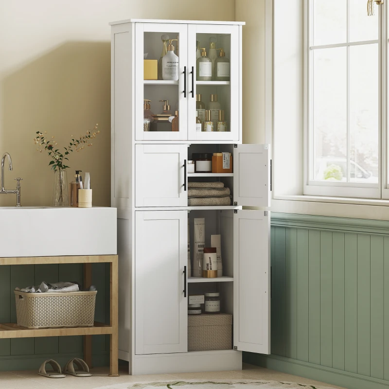 HOMCOM 67" Tall Bathroom Storage Cabinet, Modern Freestanding Bathroom Cabinet with Glass Doors and Adjustable Shelves, White