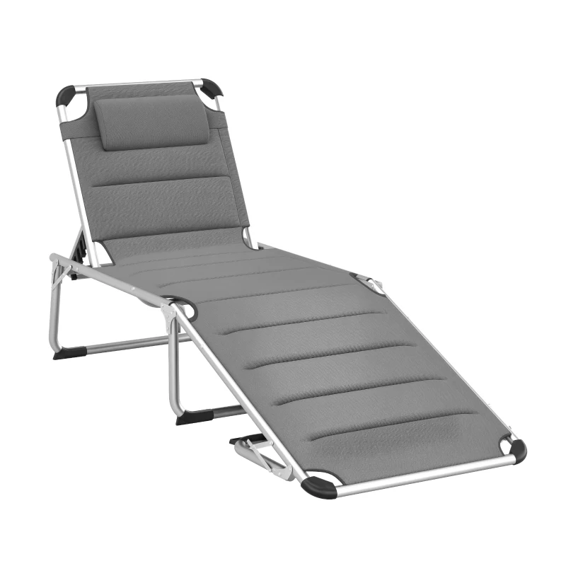 Outsunny Folding Lounge Chair Outdoor 5-Level Reclining Chaise Lounge Chair Outdoor Camping Tanning Chair with Aluminum Frame, Padding, and Headrest for Beach, Yard, Patio, Pool, Gray