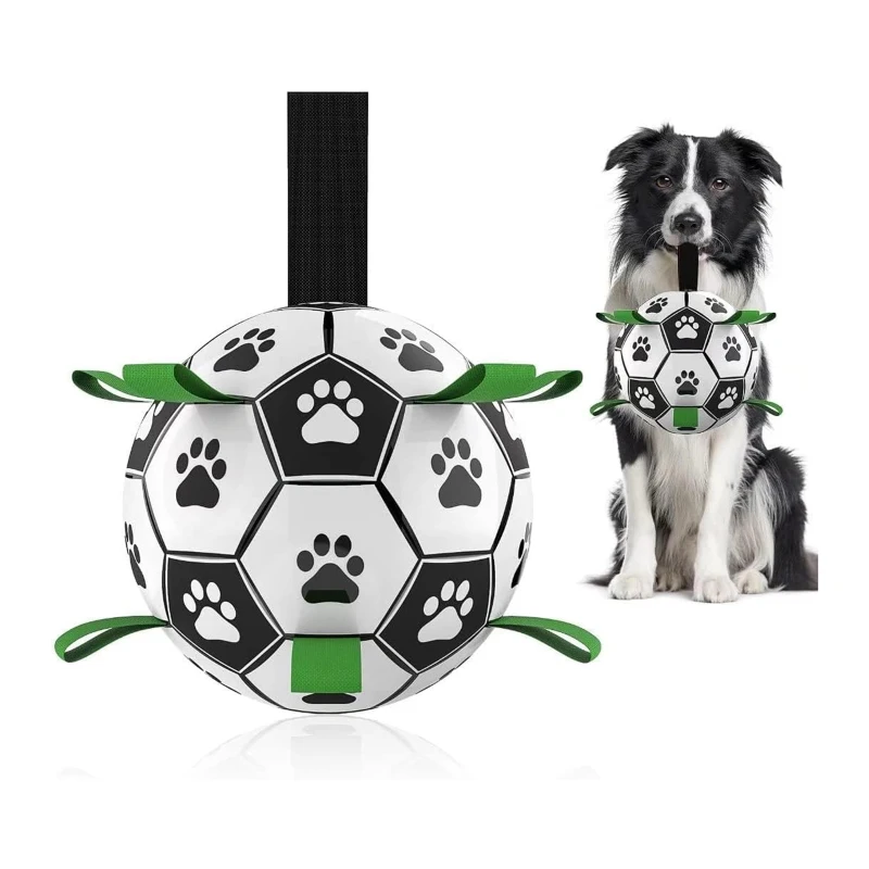 Durable Dog Soccer Ball with Straps, Interactive Water-Resistant Toy for Small to Medium Breeds, 6" L x 6" W x 6" H, Green+Black