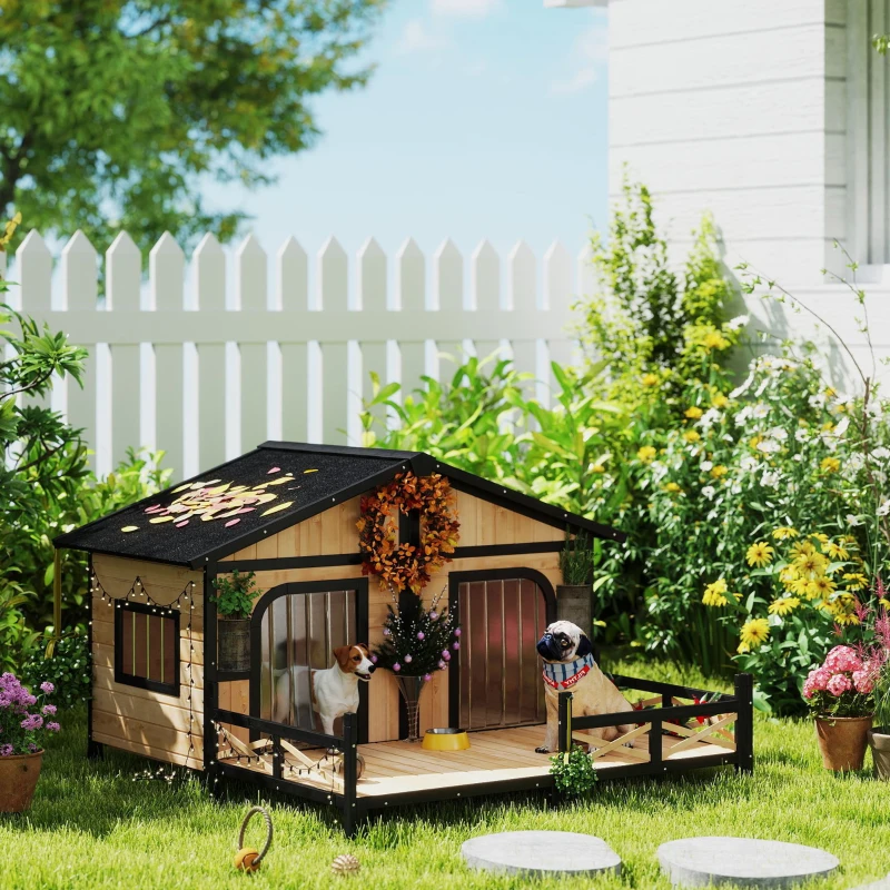 PawHut Dog House Outdoor, Wooden Dog Kennel Weatherproof with Porch, Openable Roof, Removable Bottom, Elevated Floor, Double Room for 2 Small to Medium Breeds, Natural(m-2)