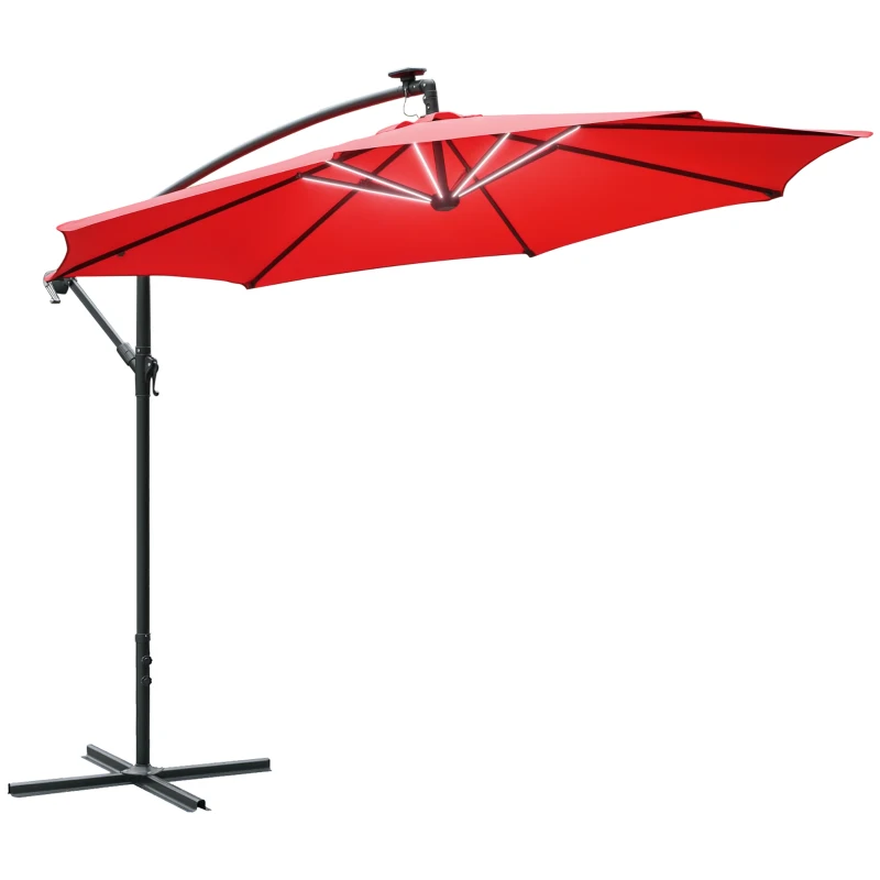 Outsunny 10ft Cantilever Solar Hanging Offset Umbrella Outdoor LED Lights Aluminum Market Banana Parasol Crank w/ Cross Base Garden Sun Shelter Red