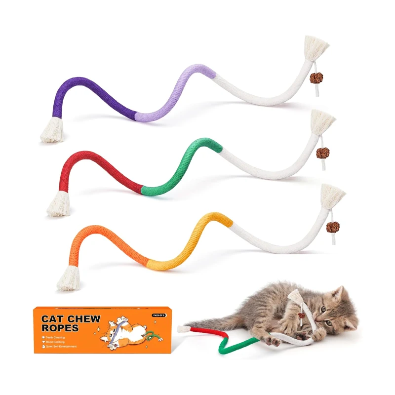 3-Pack Cat Chew Toys with Refillable Natural Catnip, Safe Teeth Cleaning, Interactive Play for All Breeds, 0.5" L x 0.5" W x 19.5" H, Multicolor