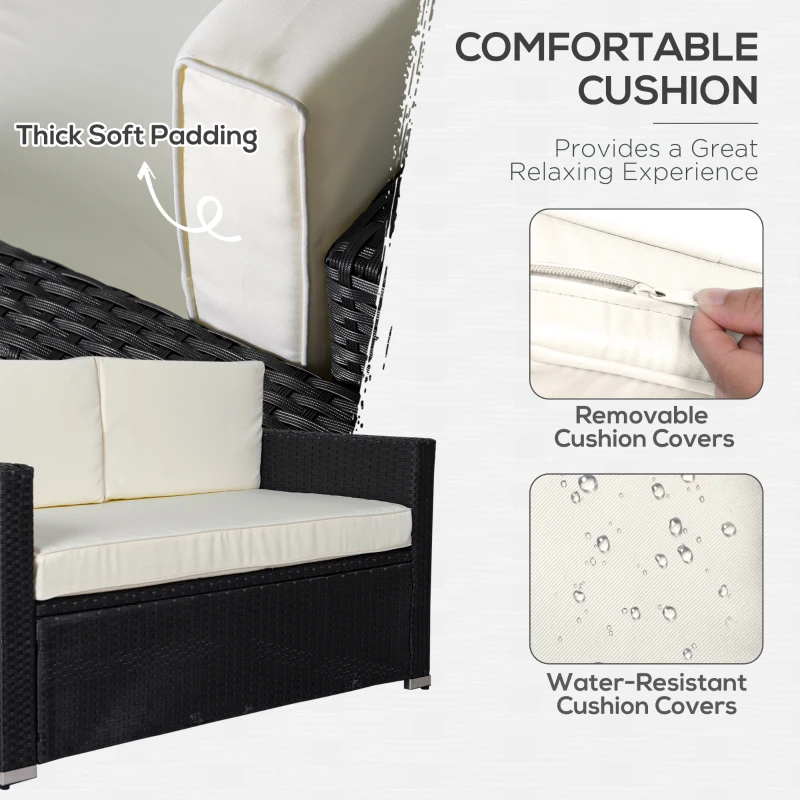 Outsunny 4-Piece Rattan Wicker Furniture Set, Outdoor Cushioned Conversation Furniture with 2 Chairs, Loveseat, and Glass Coffee Table, White