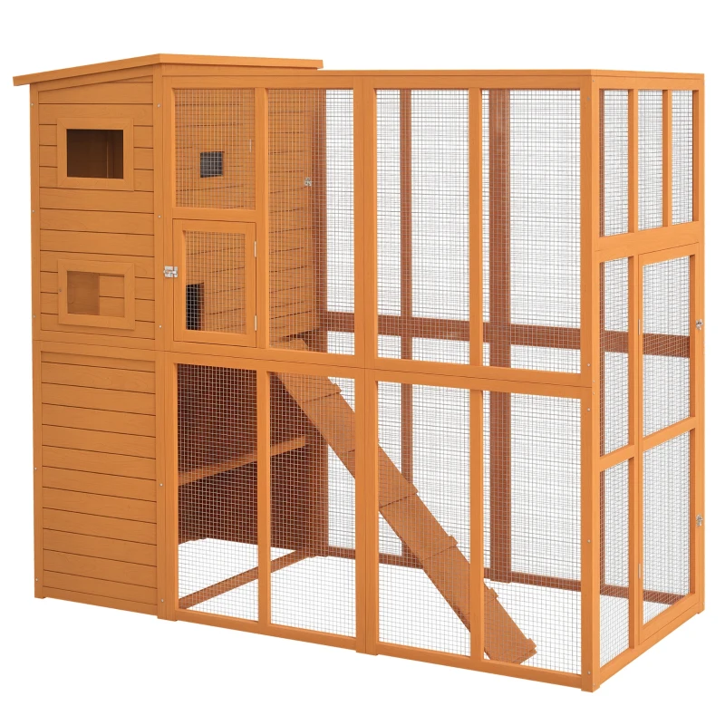 PawHut Wooden Outdoor Catio with Platforms, Asphalt Roof, Ramps, Natural