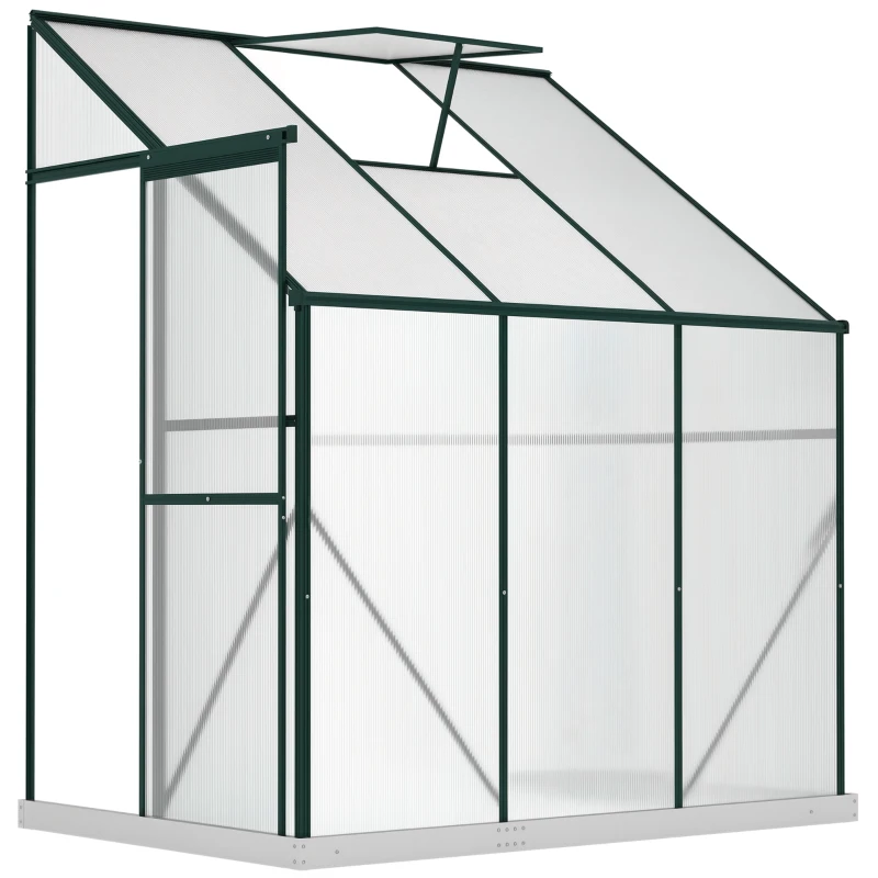 Outsunny Lean-to Greenhouse Walk-in Garden Aluminum Polycarbonate with Roof Vent for Plants Herbs Vegetables 6' x 4' x 7' Green