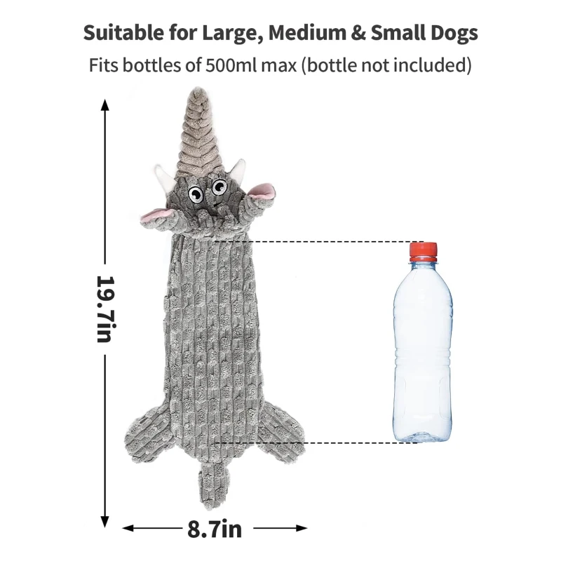 Squeaky Plush No Stuffing Crinkle Dog Toy for All Breed Sizes, Interactive Puppy Teething Water Bottle Chew Toy, 9" L x 1" W x 18" H, Gray