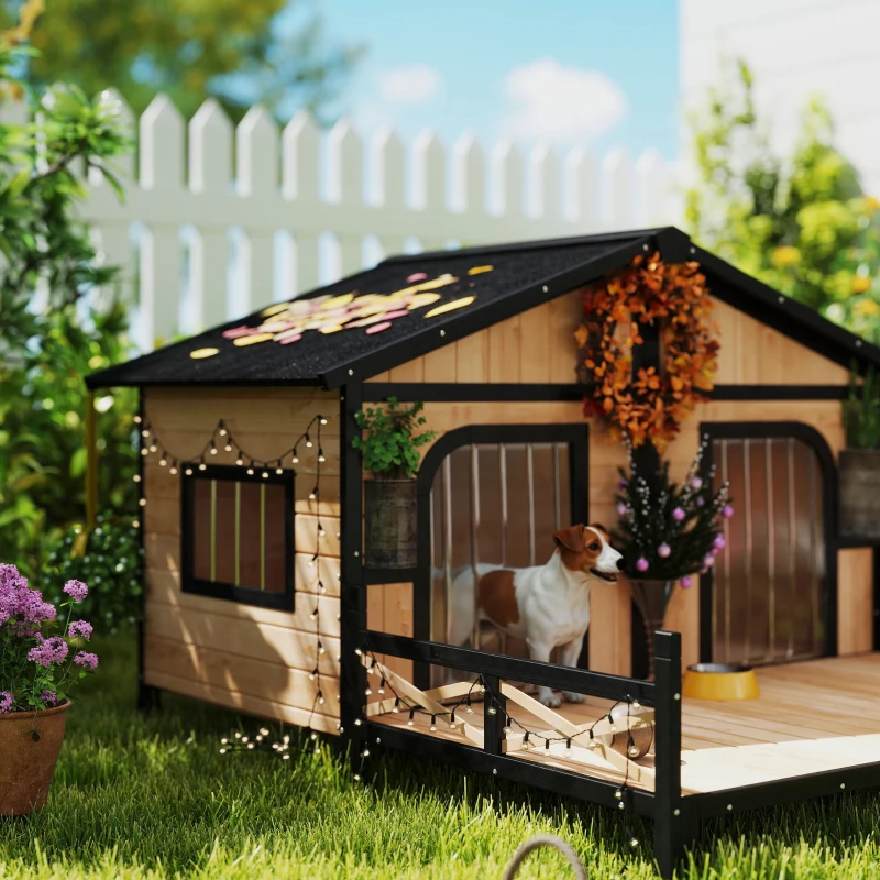 PawHut Dog House Outdoor, Wooden Dog Kennel Weatherproof with Porch, Openable Roof, Removable Bottom, Elevated Floor, Double Room for 2 Small to Medium Breeds, Natural(m-9)
