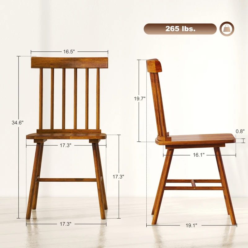 HOMCOM Dining Chairs Set of 2, Farmhouse Wood Kitchen Chairs with Rubber Wood Frame, Spindle Back for Dining Room, Light Brown