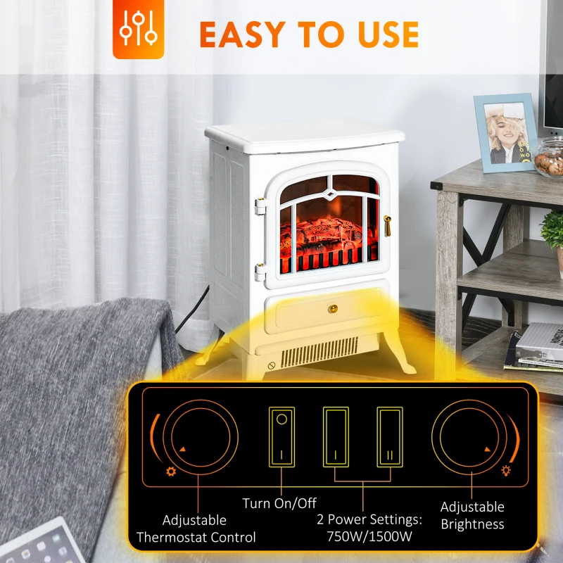 HOMCOM Fireplace Stove, Electric Fireplace Heater with Realistic LED Flames and Logs, 725W/1450W, White