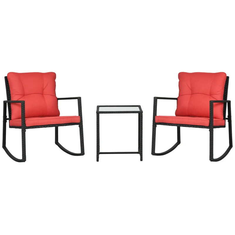 Outsunny 3 Pieces Rocking Bistro Set, Outdoor Wicker Patio Furniture with Glass Coffee Table and Outside Rocking Chairs for Porch, Conversation Sets with Thick Cushions, Red