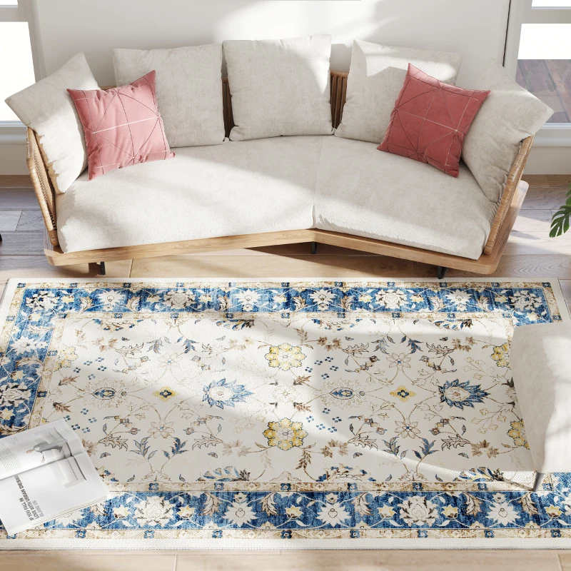 HOMCOM Machine Washable Area Rug 5x7, Non-Slip Boho Floral Print Floor Carpet for Living Room, Bedroom, Dining Room, Blue