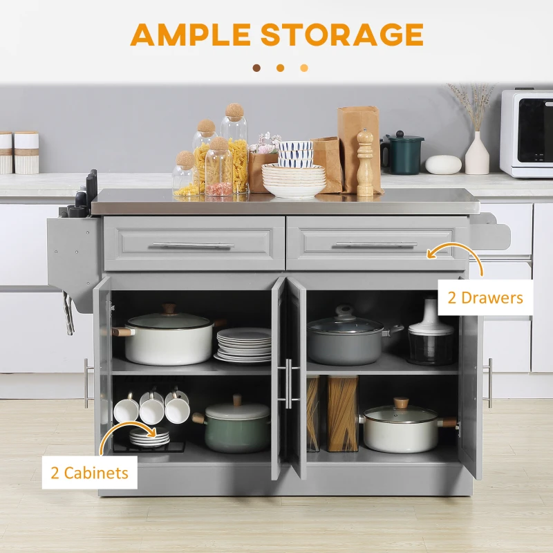 HOMCOM Rolling Kitchen Island Cart with Wheels, Portable Island Table for Kitchen with Stainless Steel Top, Adjustable Shelves, 2 Drawers, Spice, Knife and Towel Rack, Gray