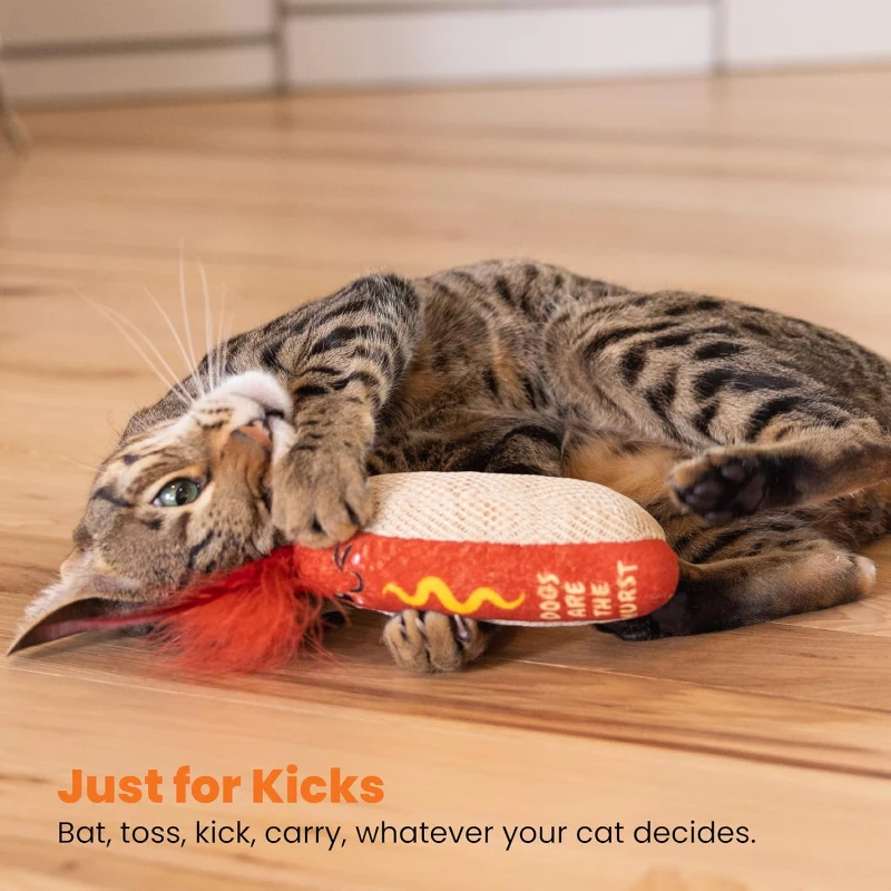 Catstages Hotdog Kicker Toy with Catnip, Dental Mesh, Plush and Feather Cat Toy for Kicking, Tossing, Teeth Cleaning, 2" L x 2" W x 6.5" H, Red