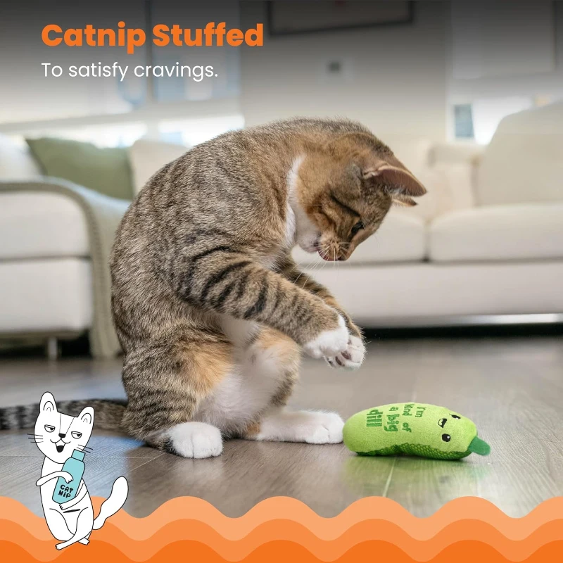 Catstages Crunchy Pickle Kicker Toy with Catnip, Dental Mesh, Plush and Crinkle Cat Toy for Kicking, Tossing, 6.5" L x 2" W x 1.5" H, Green