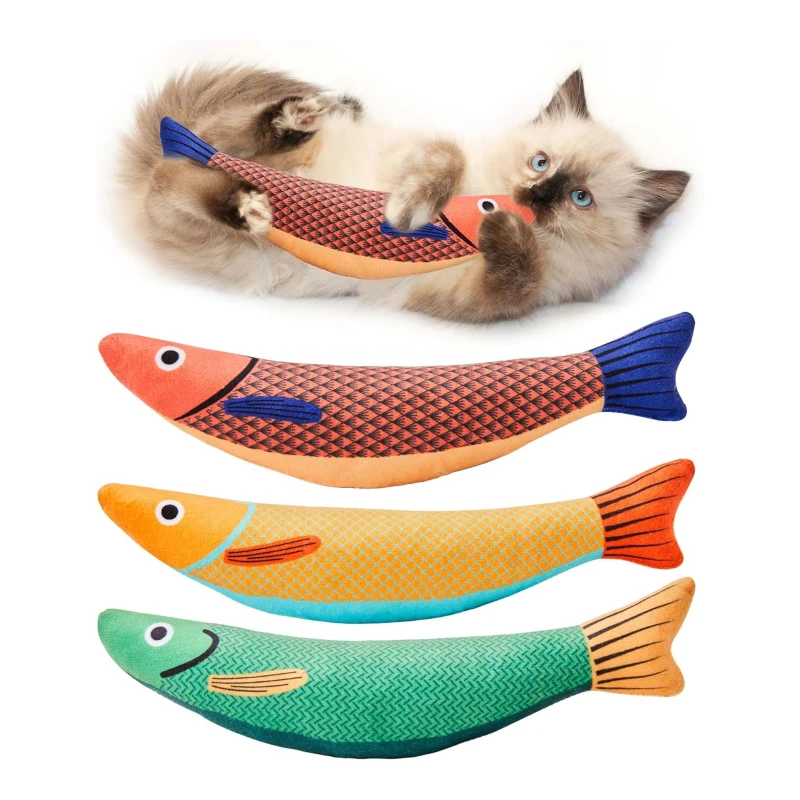 3-Pack Interactive Saury Fish Cat Toys with Catnip Crinkle Sound, Soft Plush Kicker for Indoor Exercise, 8.5" L x 2.5" W x 1.5" H, Multicolor