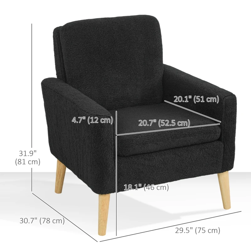 HOMCOM Fabric Accent Chair, Modern Upholstered Armchair with Wood Legs and Wide Padded Seat, Black