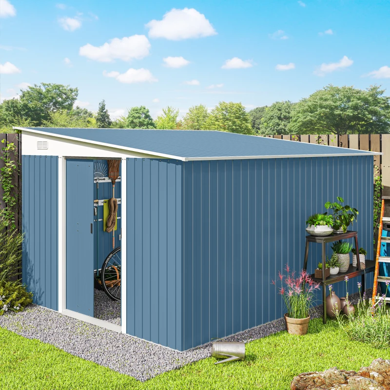 Outsunny 11' x 9' Metal Outdoor Storage Shed, Tool House with Double Lockable Doors for Backyard, Patio, Lawn, Garage, Blue
