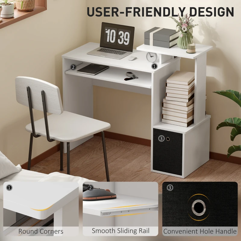 HOMCOM Computer Desk with Sliding Keyboard Tray Storage Drawer Shelf Home Office Workstation White
