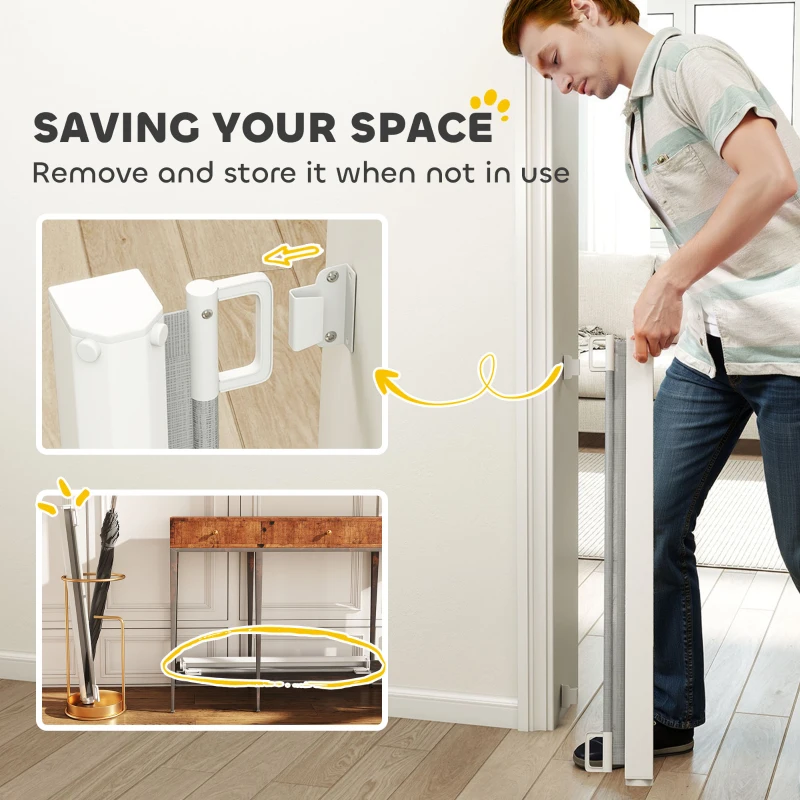PawHut Retractable Pet Safety Barrier Gate, Flexible and Extensible for Stairways Doorways Hallways, Grey