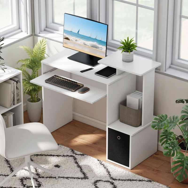HOMCOM Computer Desk with Sliding Keyboard Tray Storage Drawer Shelf Home Office Workstation White