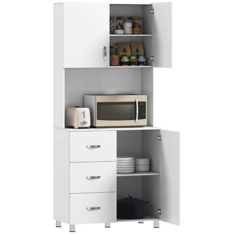 HOMCOM Freestanding Kitchen Buffet with Hutch Storage Organizer with 2 Door Cabinets, 3 Drawers and Open Countertop, Adjustable Shelf for Dining Room Pantry, White