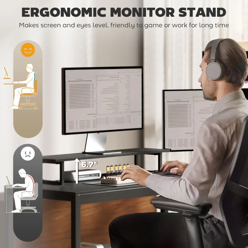 HOMCOM 61.6" L Shaped Gaming Desk with Power Outlets & LED Lights, Computer Desk with Monitor Stand and CPU Shelf, Black