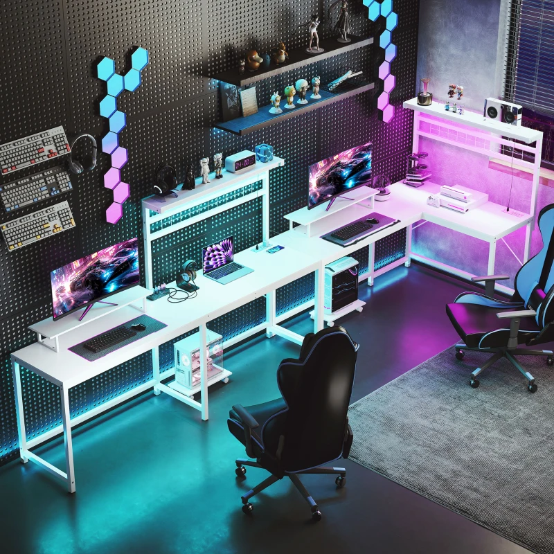 HOMCOM 61.6" L Shaped Gaming Desk with Power Outlets & LED Lights, Computer Desk with Monitor Stand and CPU Shelf, White