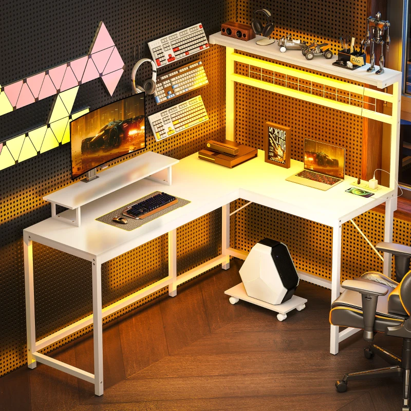 HOMCOM 61.6" L Shaped Gaming Desk with Power Outlets & LED Lights, Computer Desk with Monitor Stand and CPU Shelf, White