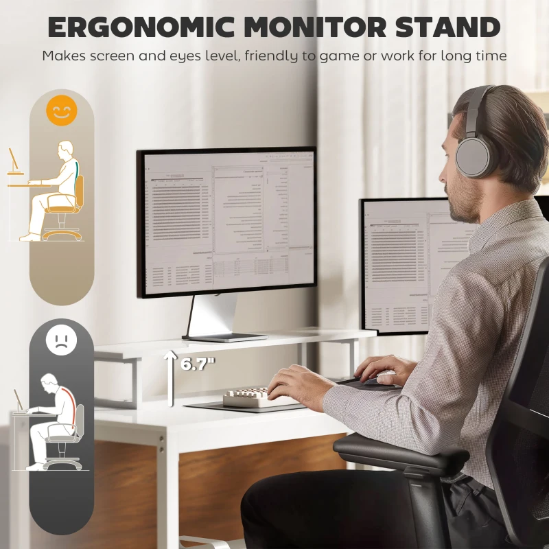 HOMCOM 61.6" L Shaped Gaming Desk with Power Outlets & LED Lights, Computer Desk with Monitor Stand and CPU Shelf, White