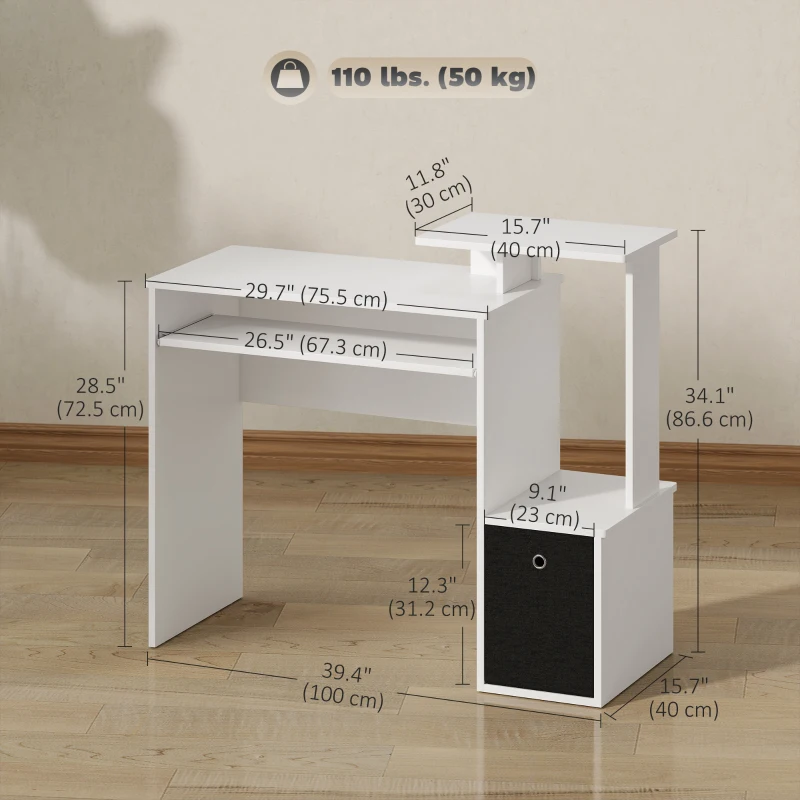 HOMCOM Computer Desk with Sliding Keyboard Tray Storage Drawer Shelf Home Office Workstation White